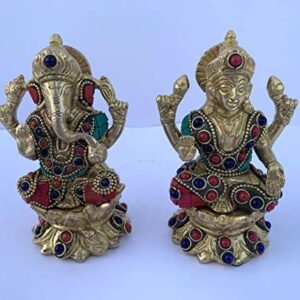 Brass Lakshmi Ganesh Statue, Brass Laxmi Ganesha Statue with Stone Work, Ganesh Laxmi Figurines Sculpture,Hindu God Religious Sculpture Gift