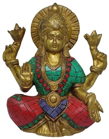 Godess Laxmi Brass Statue Diwali Pooja Festival Multicolor Idol Religiuouse Gift Dhan Laxmi Pooja Yantra Sculpture Idols 6.5 in