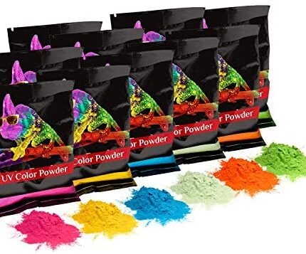 Holi UV Glow (Ultra Violet) Color Powder 12 Pack 70 Grams White,Yellow,Orange,Blue,Green,Pink