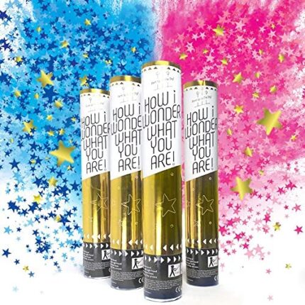 Sweet Baby Co. Baby Gender Reveal Confetti Cannon with Color Powder Boy or Girl Blue Confetti Smoke and Pink Confetti Smoke, Set of 4 | Twinkle Twinkle Little Star Party Poppers | Holi Popper Sticks
